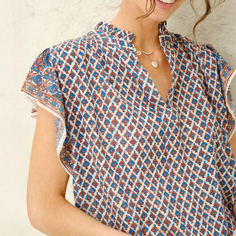 M.A.B.E Viti Print Short Sleeve Top in Orange/Turquoise