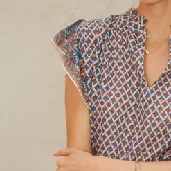 M.A.B.E Viti Print Short Sleeve Top in Orange/Turquoise