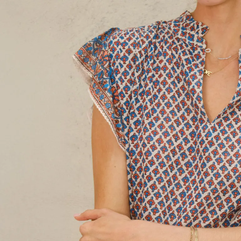M.A.B.E Viti Print Short Sleeve Top in Orange/Turquoise