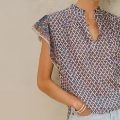 M.A.B.E Viti Print Short Sleeve Top in Orange/Turquoise