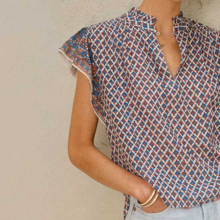 M.A.B.E Viti Print Short Sleeve Top in Orange/Turquoise