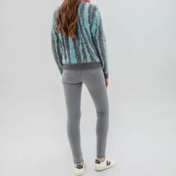 MARBLE V Neck Fuzzy Sweater in Green/Blue