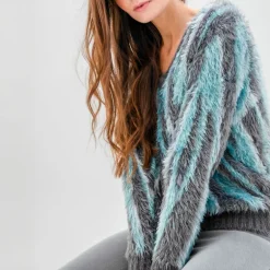 MARBLE V Neck Fuzzy Sweater in Green/Blue
