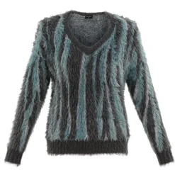 MARBLE V Neck Fuzzy Sweater in Green/Blue