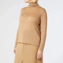 MARINA RINALDI Judy Silk & Cashmere Polo Neck Jumper in Camel