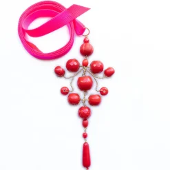 PHILIPPA KUNISCH Grand Gypsy Necklace in Red with Neon Pink Ribbon