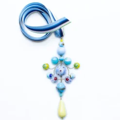 PHILIPPA KUNISCH Ribbon Gypsy Necklace in Pale Blue & Yellow with Mult