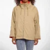 RINO & PELLE Flossy Reversible Short Parka in Pale Camel and Hot Coral