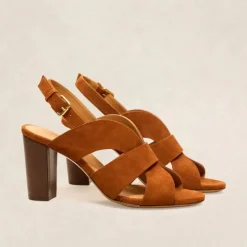 RIVECOUR Sandal 55 Suede Block Heel in Cognac