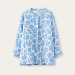 ROSSO35 Linen Floral Shirt in White/Light Blue Flower Print