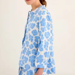 ROSSO35 Linen Floral Shirt in White/Light Blue Flower Print