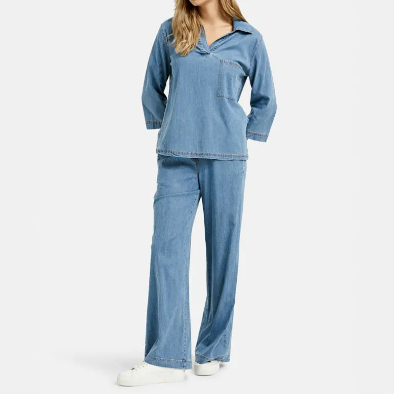 SMITH & SOUL Lyocell Polo Collar Blouse in Denim