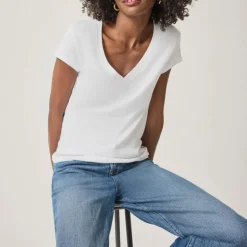 SPLENDID Faye 1x1 V-Neck Tee in White