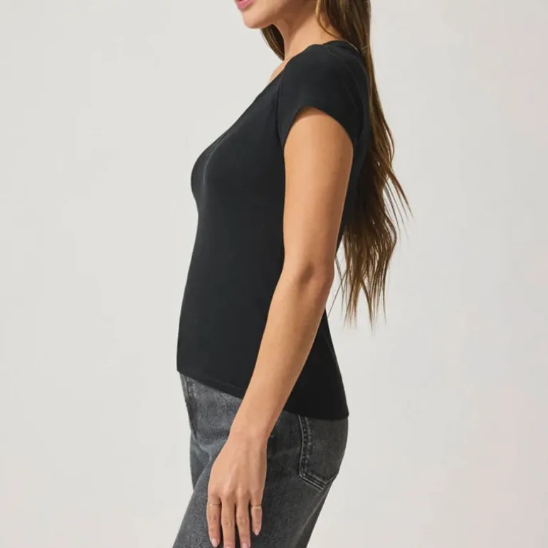 SPLENDID Faye 1x1 V-Neck Tee in Black