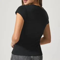 SPLENDID Faye 1x1 V-Neck Tee in Black