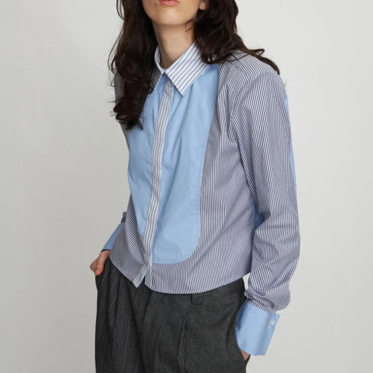 STELLA NOVA Combine Stripe Cropped Shirt in Blue Stripes
