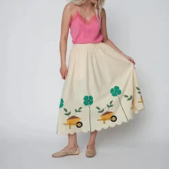 STELLA NOVA Embroidered Midi Skirt with Scallops in Ivory