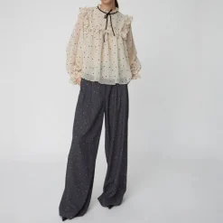 Stella Nova Flock Printed Flounce Blouse in Creme/Black