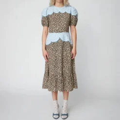 STELLA NOVA Leopard Midi Dress with Embroidery in Leopard