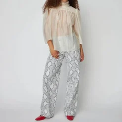 STELLA NOVA Pointelle High-Neck Bow Blouse in Vanilla